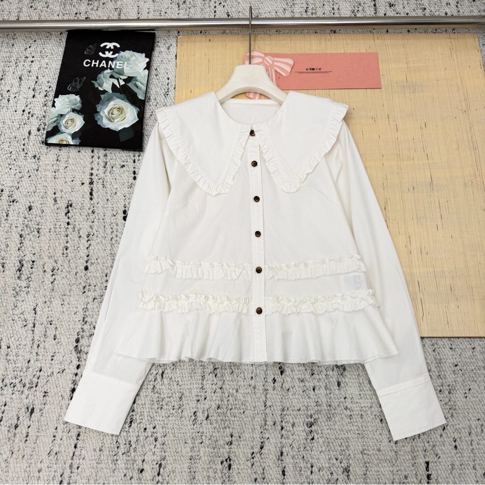 Ganni White Ruffled Button-Down Shirt